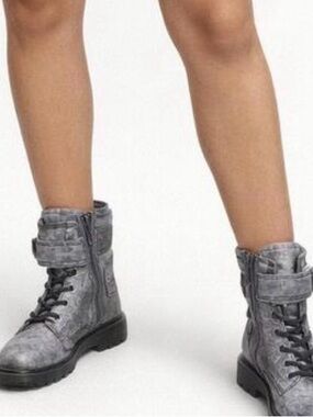 DKNY Metallic Silver Lace-Up Combat Boots with Fold-Over Cuff
